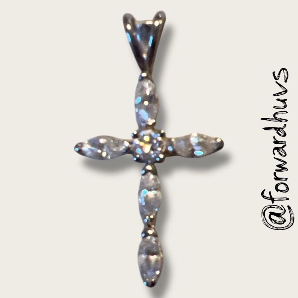 Sterling Silver CZ Cross Pendant – Marquise & Round Cut – Marked 925